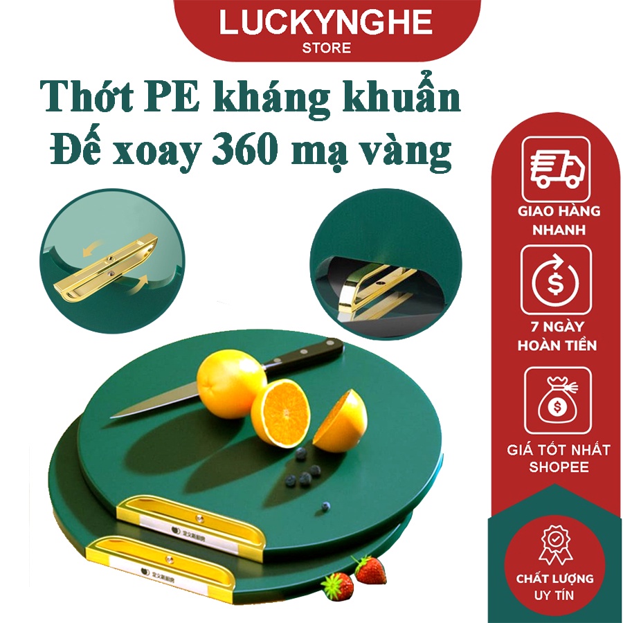 Thớt PE kháng khuẩn -Đế xoay 360 mạ vàng- thớt cừờng lực màu xanh ngọc hình tròn đường kính 33cm