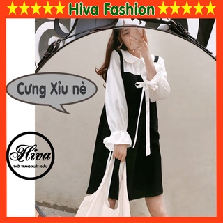 Váy trắng tay liền thân yếm đen cổ sơ mi trắng , Đầm nữ công sở dài qua gối chữ A  (ảnh thật)