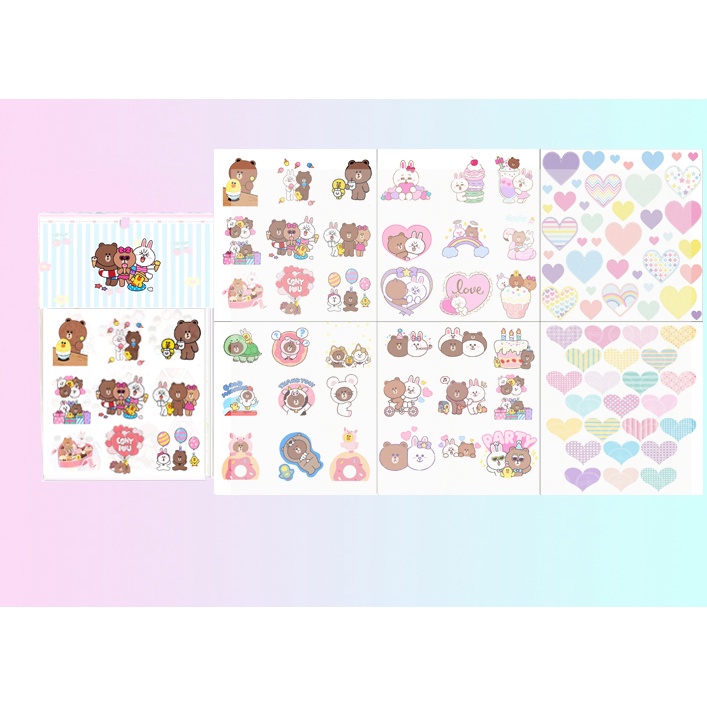 set 6 sticker washi gấu brown thỏ cony S6W2 cute dễ thương hoạt hình ko bế 10x10cm