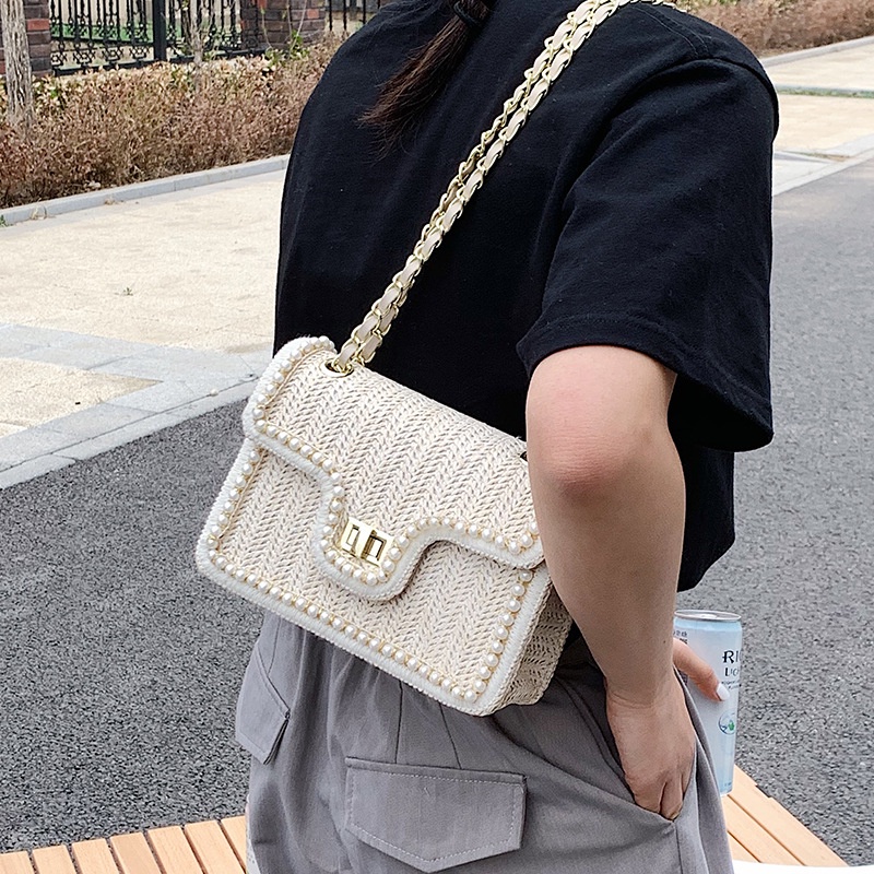 Túi Cói Đeo Chéo Dây Mắt Xích Thời Trang Dành Cho Nữ