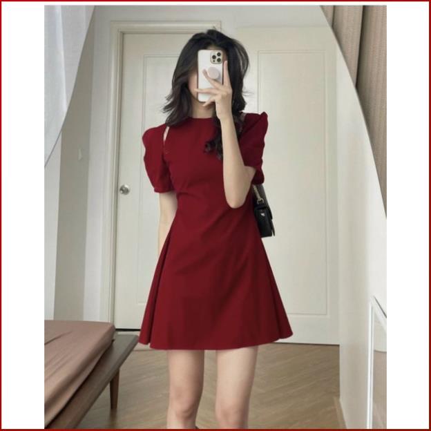 Váy Nhung Đỏ COBI Đầm Đỏ Dự Tiệc Cưới  Cổ Tròn Tay Bồng Mặc Đi Chơi Dáng Chữ A Đẹp Thời Trang Nữ Có Size S M L