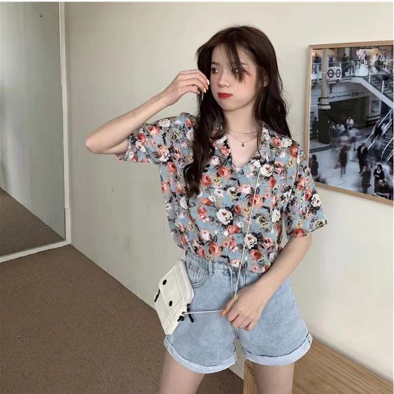 SUXI Áo sơ mi tay ngắn cổ chữ V hoạ tiết hoa thời trang phong cách retro