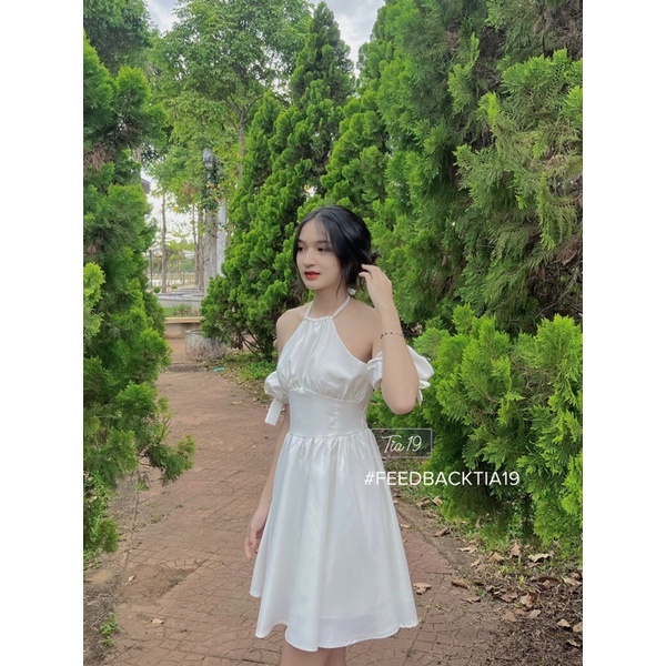 Váy tiểu thư voan cố yếm trễ vai dự tiệc sang chảnh - đầm xòe tầng tay lỡ tay bồng cột dây cổ yếm. MET SHOP