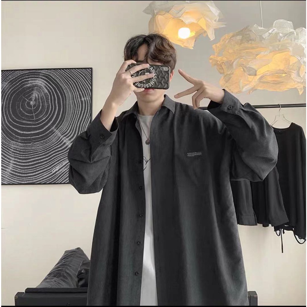 Áo sơ mi màu trơn tay dài dáng rộng cổ bẻ phong cách Hàn Quốc thời trang xuân thu cho nam