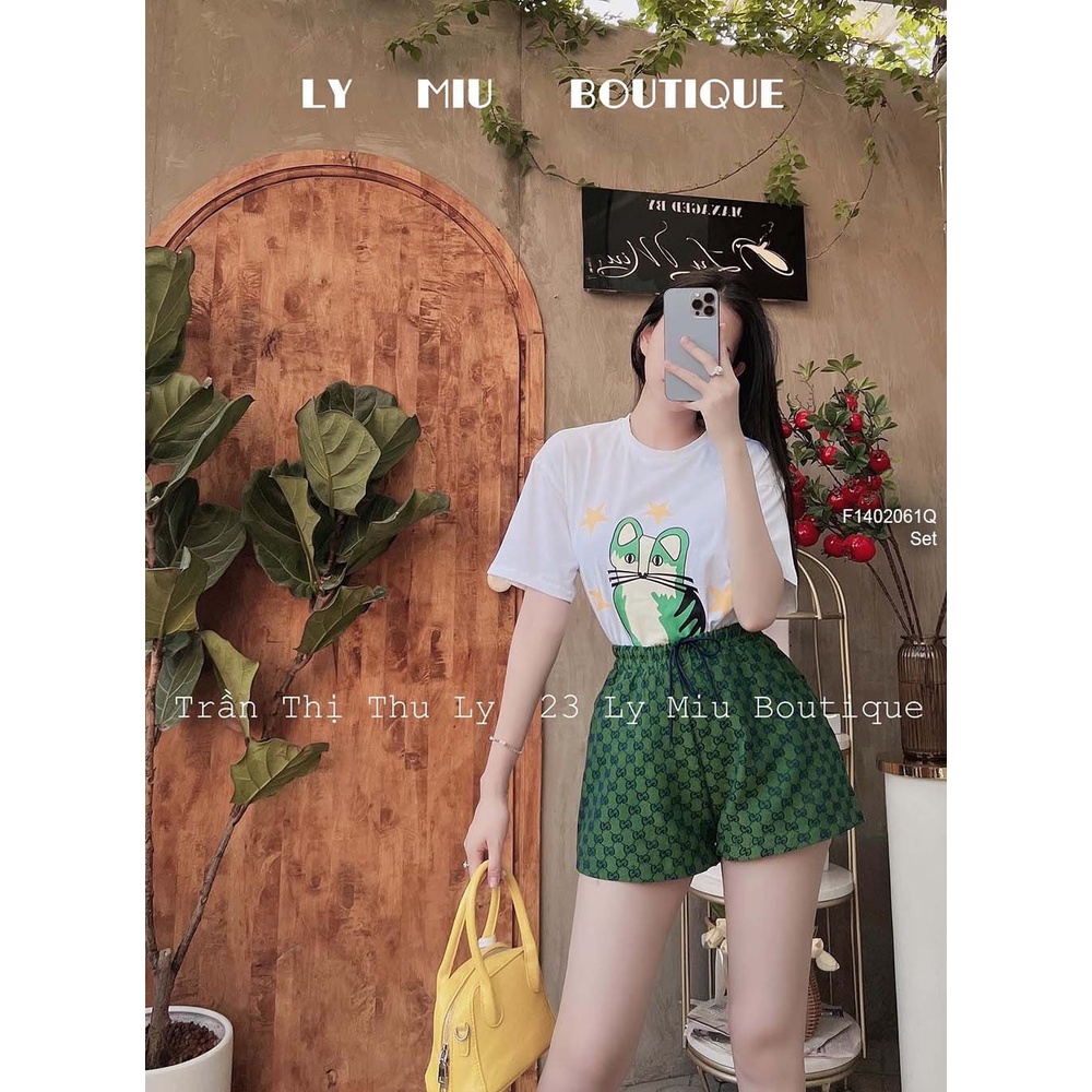 Set áo thun in hình mèo tay con phối quần short xanh