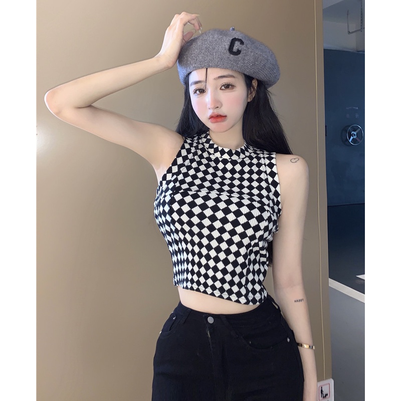 QKOOLE  Áo Croptop Sát Nách Hoạ Tiết Kẻ Caro Phong Cách Hàn Quốc Quyến Rũ