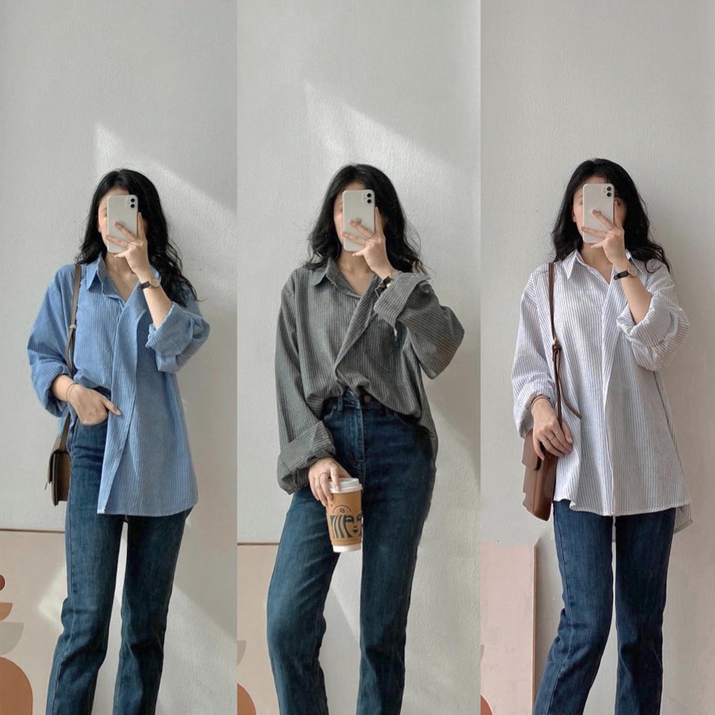 Áo sơ mi kẻ sọc dài tay cổ vest thanh lịch