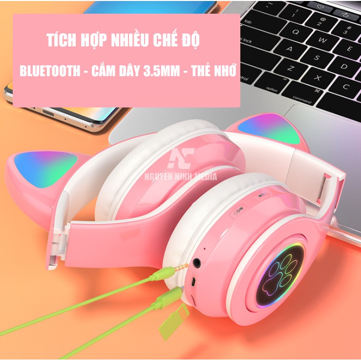 Tai Nghe Bluetooth Chụp Tai HXZ-B39 Tai Mèo LED RGB (Màu Hồng)