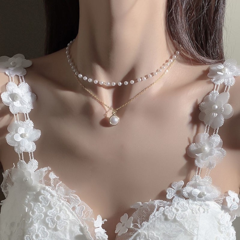 Vòng cổ 2 lớp đính ngọc trai giả đơn giản thời trang cổ điển cho nữ