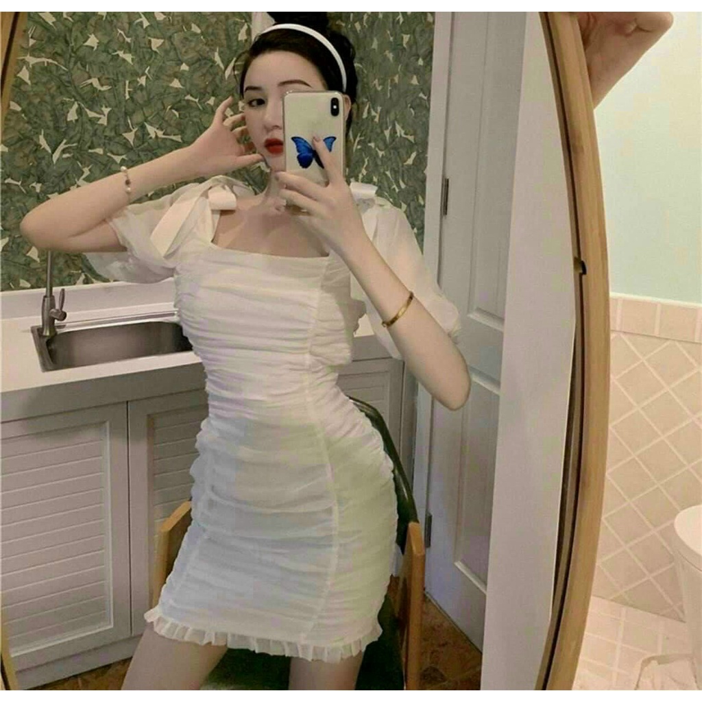 Váy trắng body, đầm trắng nữ dáng ôm body cột nơ vai | BigBuy360 - bigbuy360.vn
