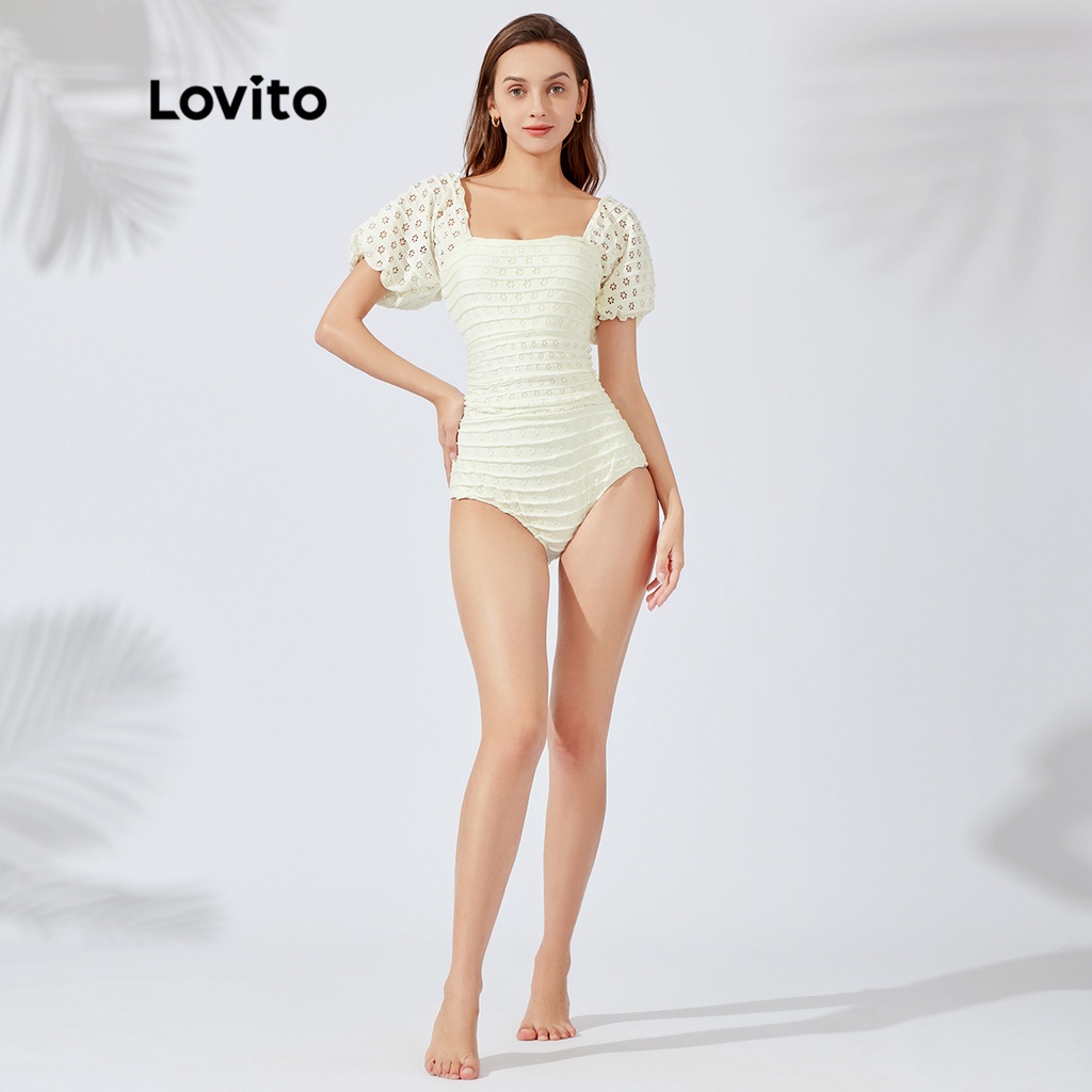 Đồ bơi một mảnh Lovito may nhún chun thêu lỗ xâu thanh lịch L23AD079 (màu trắng nhạt)