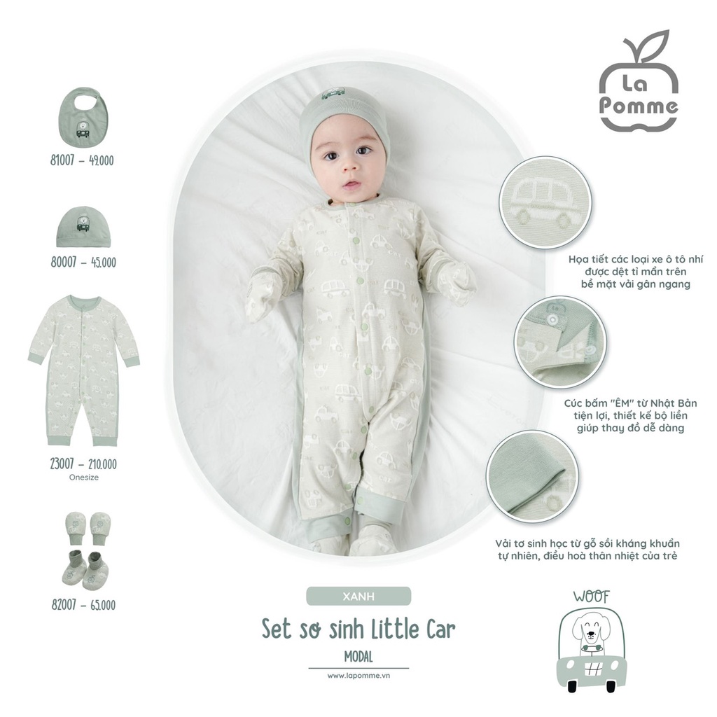 Set combo sơ sinh hãng La Pomme chất vải Modal cao cấp mềm mịn thoáng mát body, bộ cài chéo, cài giữa, mũ nón yếm xe hơi