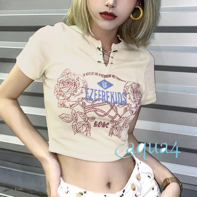 Anana-áo Thun Lửng Tay Ngắn Cổ Chữ V In Chữ Màu Be Và Hoa Cho Nữ