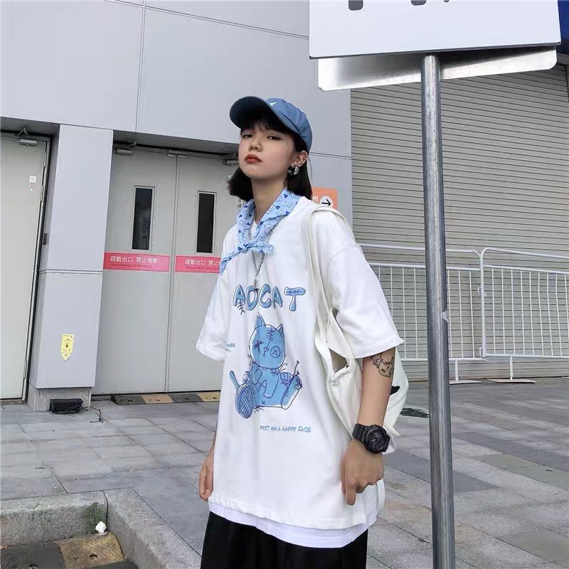 Áo thun tay lỡ form rộng unisex Sadcat dưới 75kg - áo phông nam nữ freesize in hình mèo phong cách ulzzang