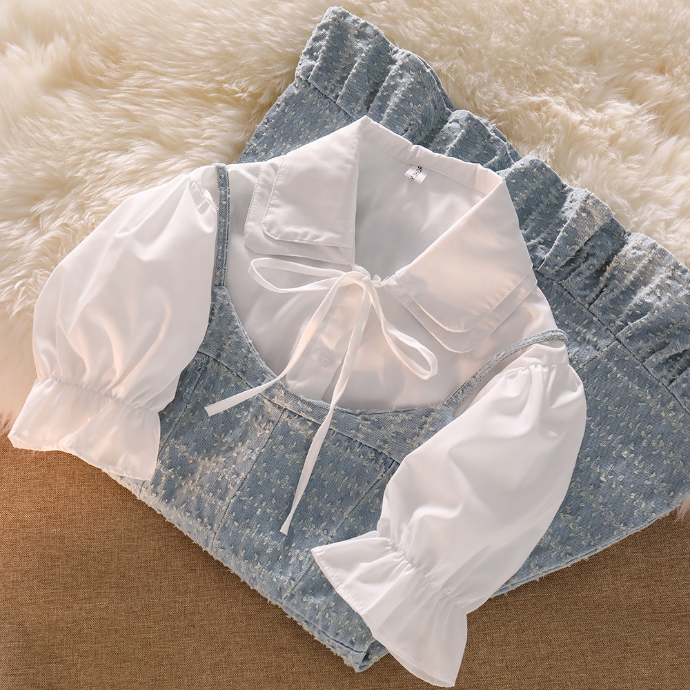Nuziro Áo sơ mi tay phồng/ Đầm hai dây denim thời trang dành cho nữ