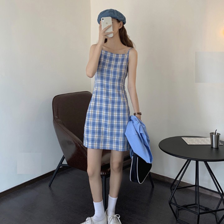 Đầm 2 Dây Kẻ Caro Vải Mềm Mát Buộc Nơ Lưng Điều Chỉnh Được Dây Áo Cực Xinh - V.LL.05 | BigBuy360 - bigbuy360.vn