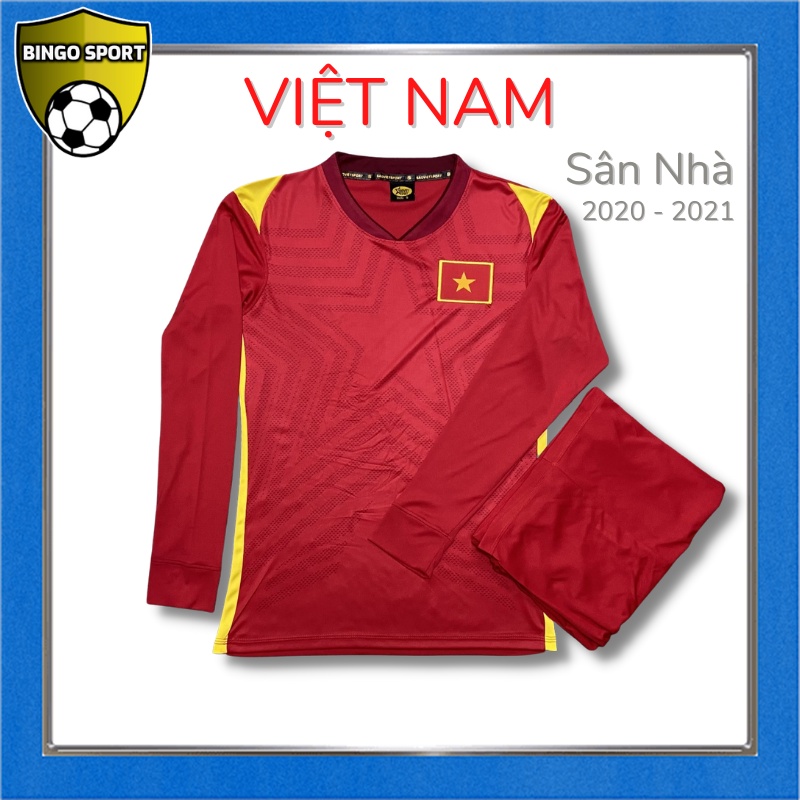 Quần Áo Bóng Đá TAY DÀI Tuyển VIỆT NAM Sân Nhà + Khách, Đỏ + Trắng, Thun Lạnh Logo Thêu Nổi BINGO SPORT