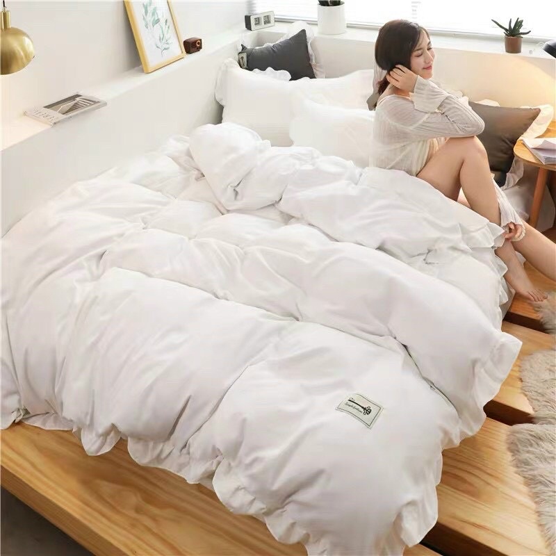 bộ chăn ga gối cotton Tici bèo trắng phong cách Hàn Quốc mềm mại chuẩn bộ 5 món tặng kèm vỏ gối ôm cùng bộ