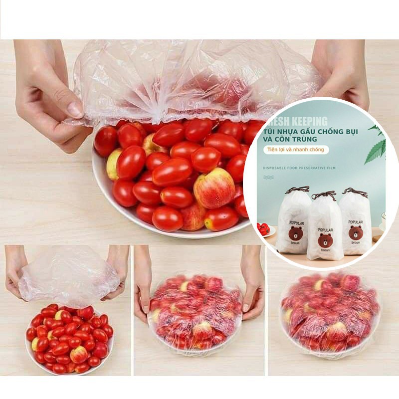 Sét 100 màn bọc thực phẩm hình gấu - túi bọc thực phẩm bo chun co giãn tiết kiệm chi phí,màn bọc thức ăn chống bụi