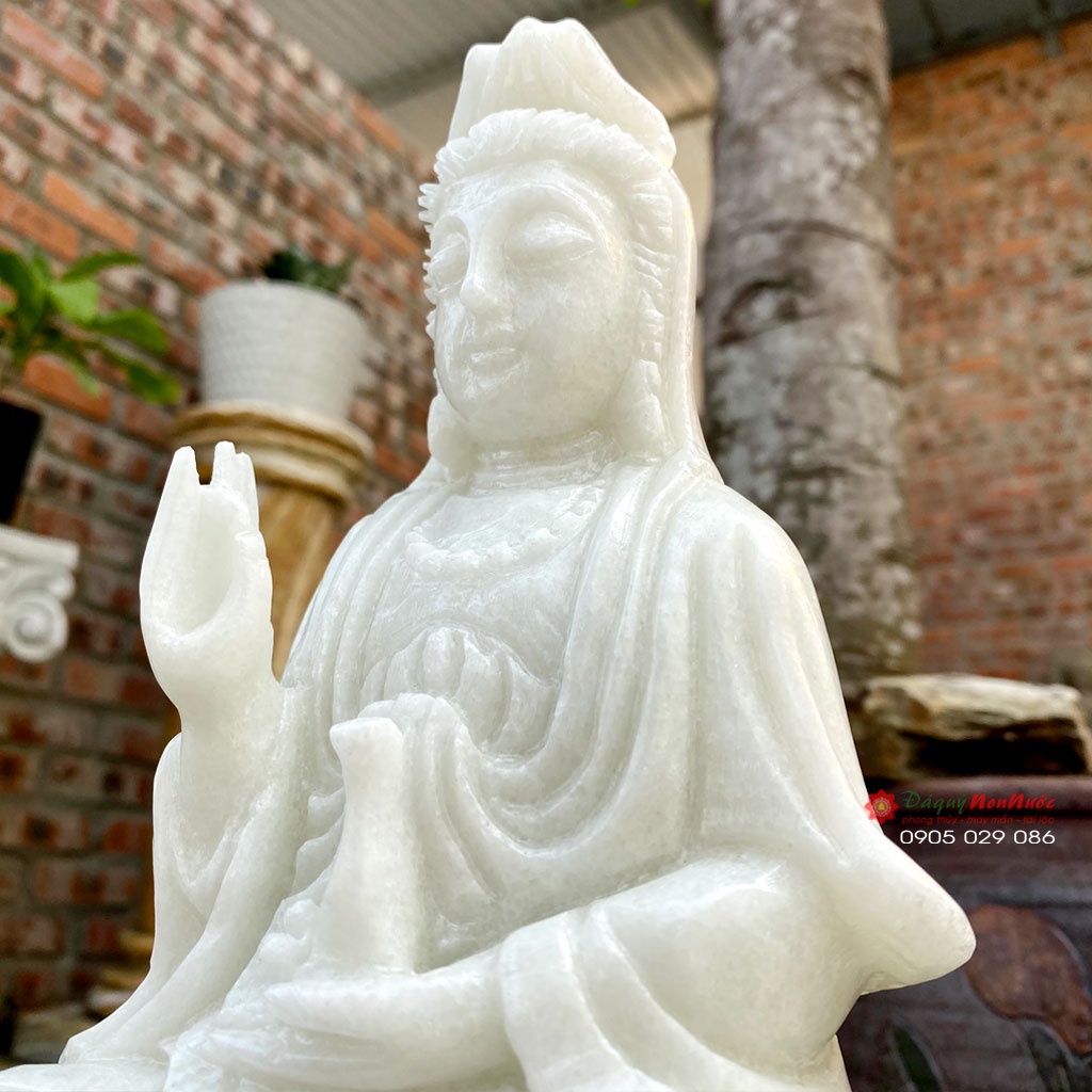 Tượng phật quan âm bồ tát ngồi đá trắng 25cm
