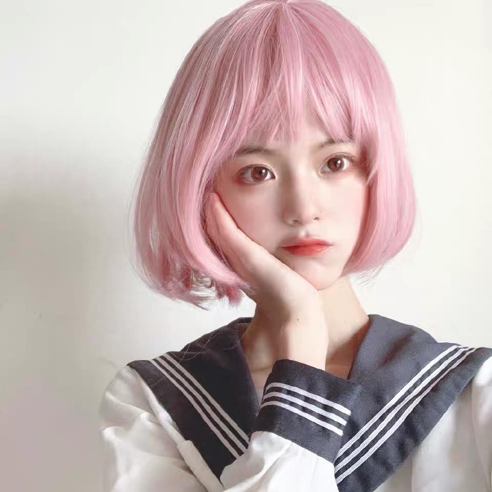 Tóc giả ngắn màu hồng tự nhiên kiểu lolita cho nữ mặt tròn cosplay đội hằng ngày
