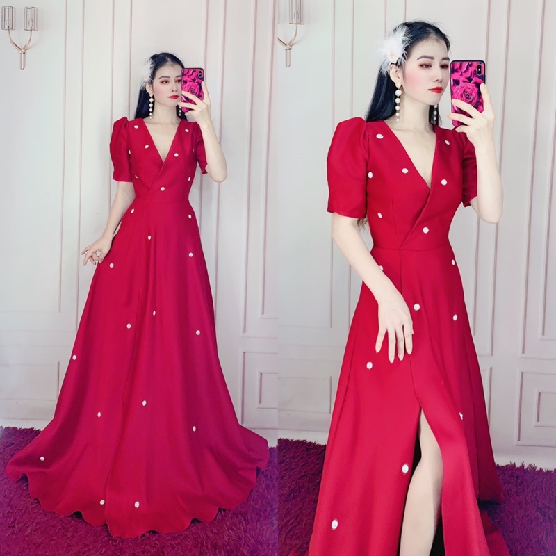 Đầm maxi mặc cưới xẻ đùi tay ngắn phồng kết hoa đá toàn thân váy TRIPBLE T DRESS - MS279Y