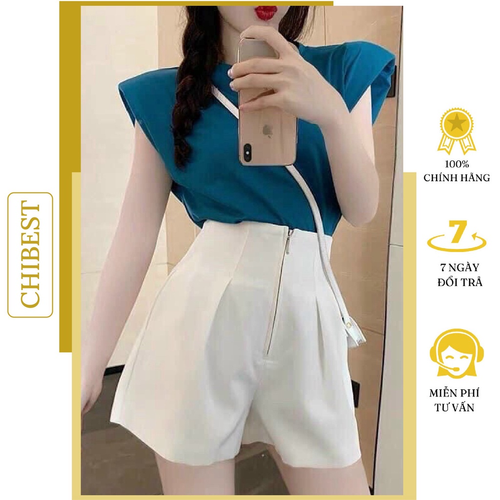 Quần short nữ cạp cao ống rộng lưng liền khóa trước chất vải tuyết mưa siêu dày dặn  CHIBEST YQB211