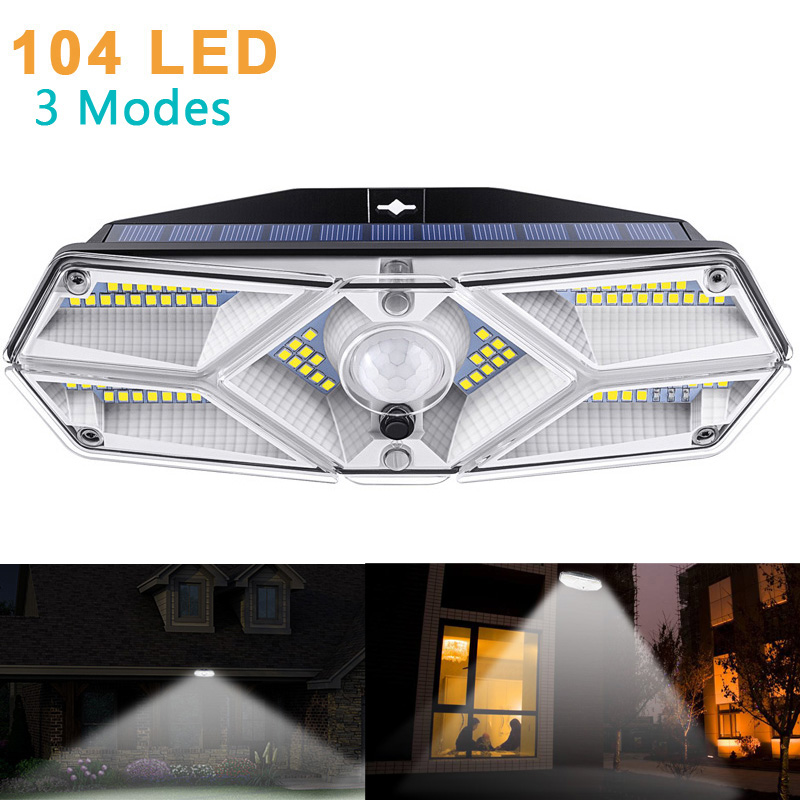 104 LED Ánh sáng mặt trời ngoài trời Đèn năng lượng mặt trời PIR Cảm biến chuyển động Đèn tường Chống thấm nước Ánh sáng mặt trời được cung cấp năng lượng mặt trời để trang trí sân vườn Ánh sáng ban đêm