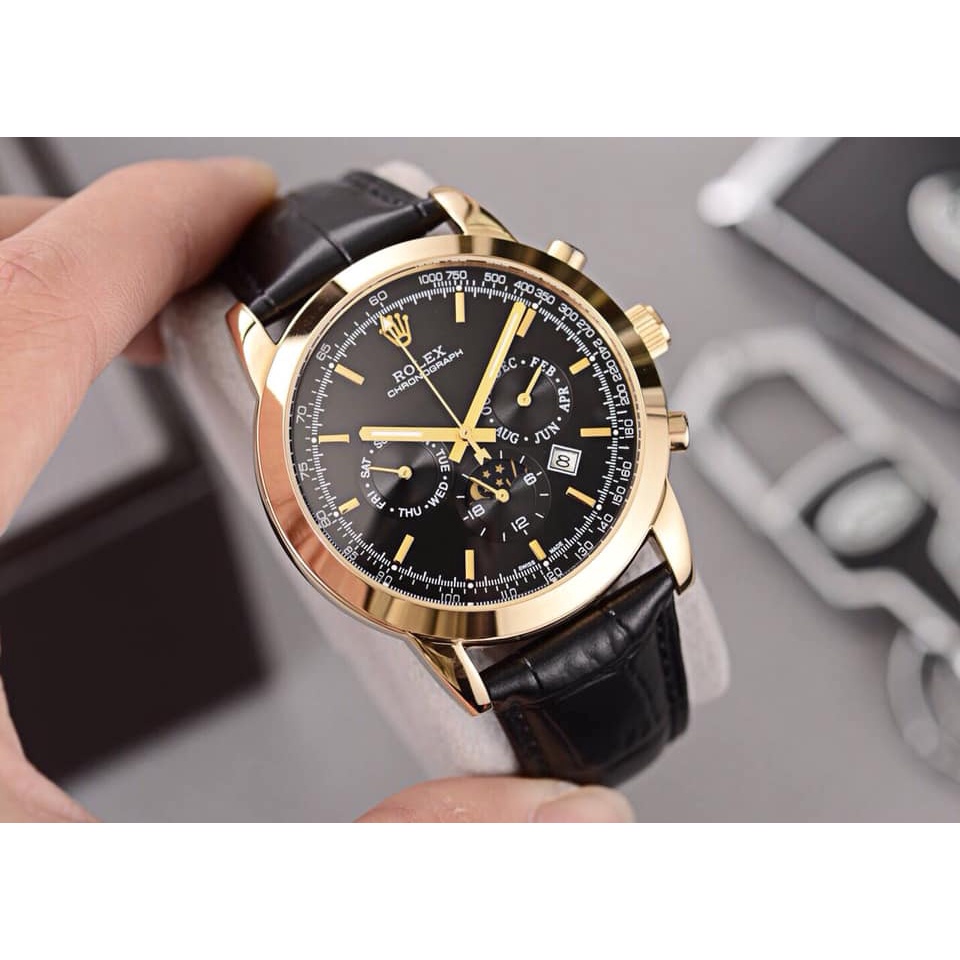 Đồng hồ Nam Rolex cơ tự động 6kim trăng sao size 40-41 dây da có thứ ngày mặt đen vỏ vàng