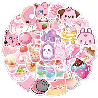 Set 50 nhãn dán họa tiết hoạt hình PVC pixel màu hồng có thể tháo gỡ dùng trang trí đàn guitar / xe điện