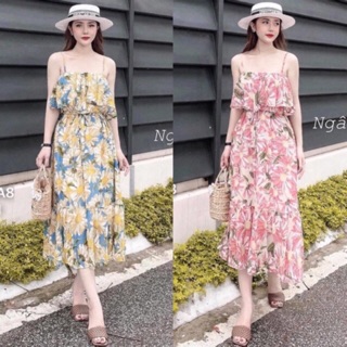 Váy 2 dây đi biển hoa hướng dương ngực bèo đuôi cá chất voan lụa