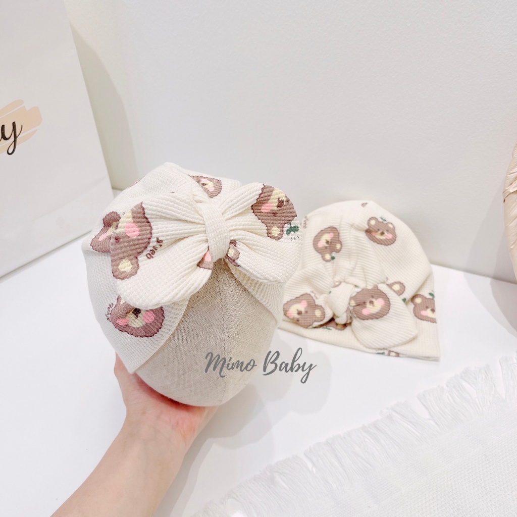Mũ turban màu be họa tiết gấu má hồng dễ thương cho bé MTB148 Mimo Baby