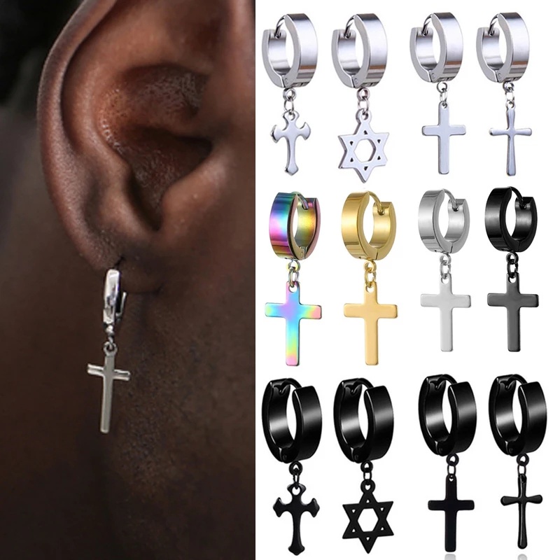 Khuyên Tai Dạng Kẹp Hình Thánh Giá Bằng Thép Không Gỉ Nhiều Màu Sắc Phong Cách Punk Hiphop Gothic Rock Dành Cho Nam Và Nữ Dự Tiệc