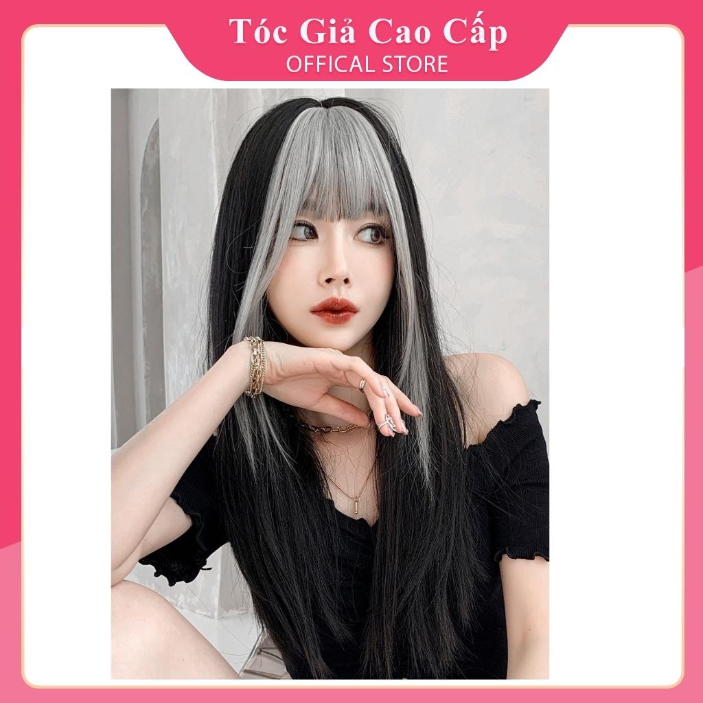 Tóc giả nguyên đầu nữ thẳng đen phối mái xám, mẫu mới, tặng kèm lưới trùm tóc.