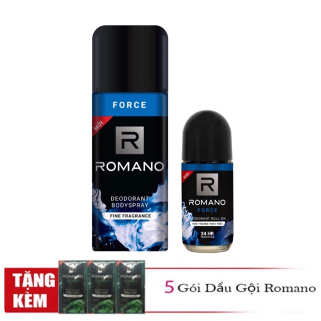 Combo Xịt và lăn ngăn mùi toàn thân cho Nam Romano Force+Tặng kèm 5 gói dầu gội