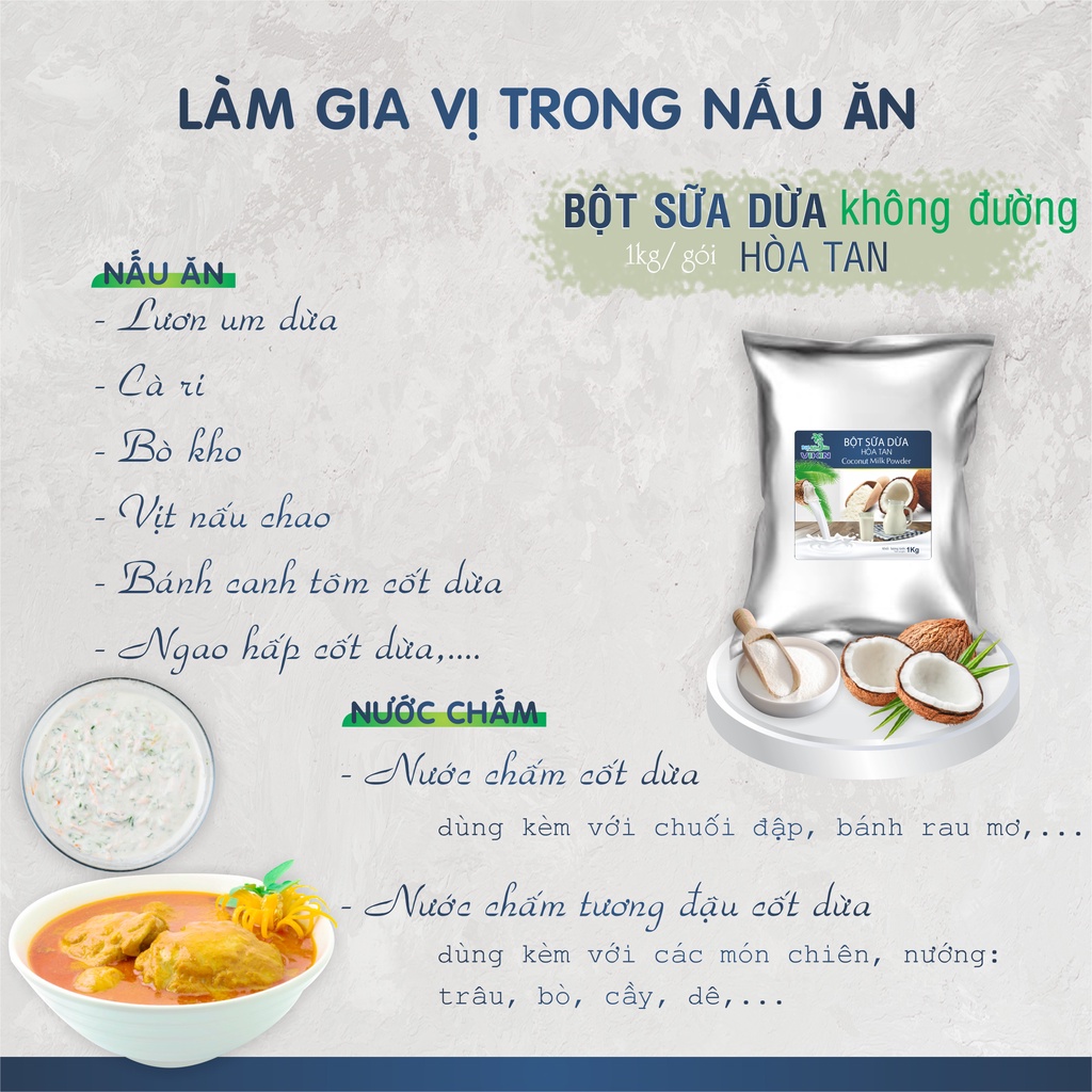 1 kg Bột Sữa DừaNguyên Chất,Không Đường, Dùng Để Nấu Ăn,Pha Chế Sinh Tố, Đồ uống,Hạn Sử dụng 12 tháng