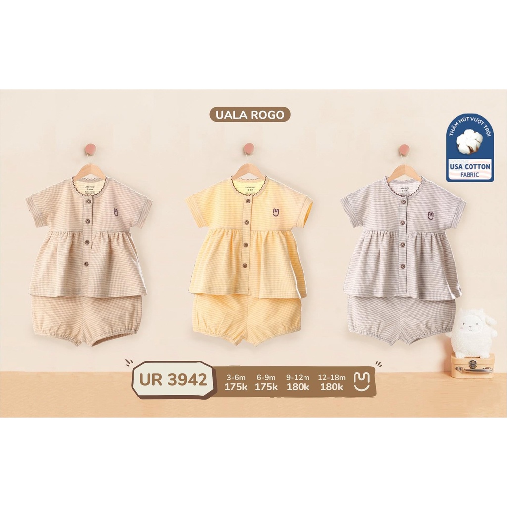Bộ quần áo cotton UalaRogo bé gái cổ tròn cúc giữa cho bé 3-18 tháng