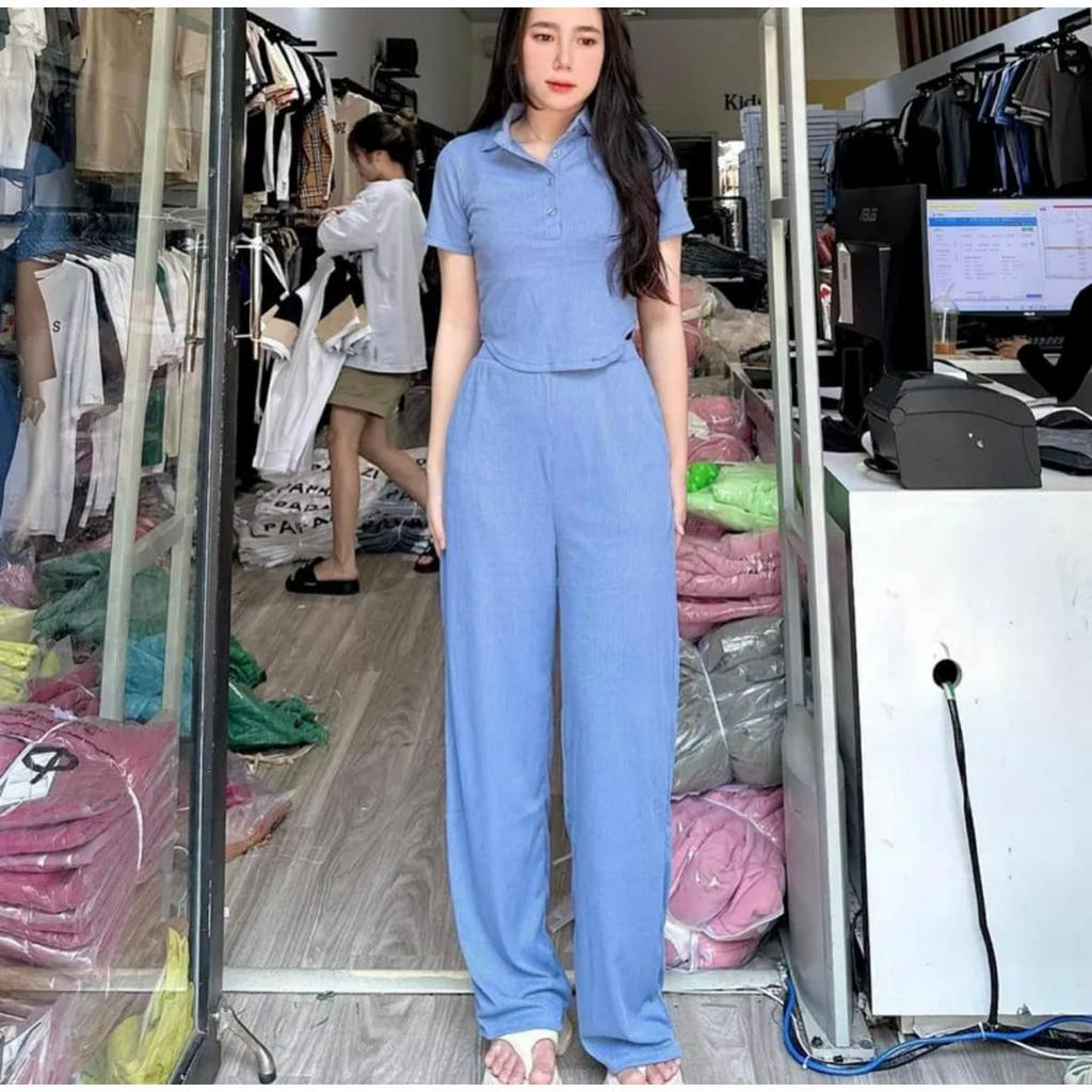 Đồ bộ nữ, set đồ bộ quần ống rộng đai cao có túi và áo croptop ôm lai bầu cổ sơ mi gài nút, bộ đồ mặc ở nhà nữ