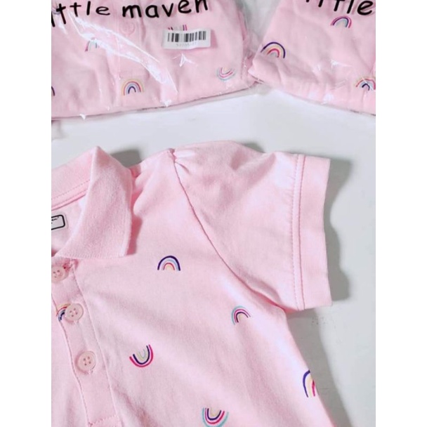 Đầm thun cotton màu hồng phấn, hiệu Little Maven, cổ Polo in hoạ tiết cầu vồng cho bé gái