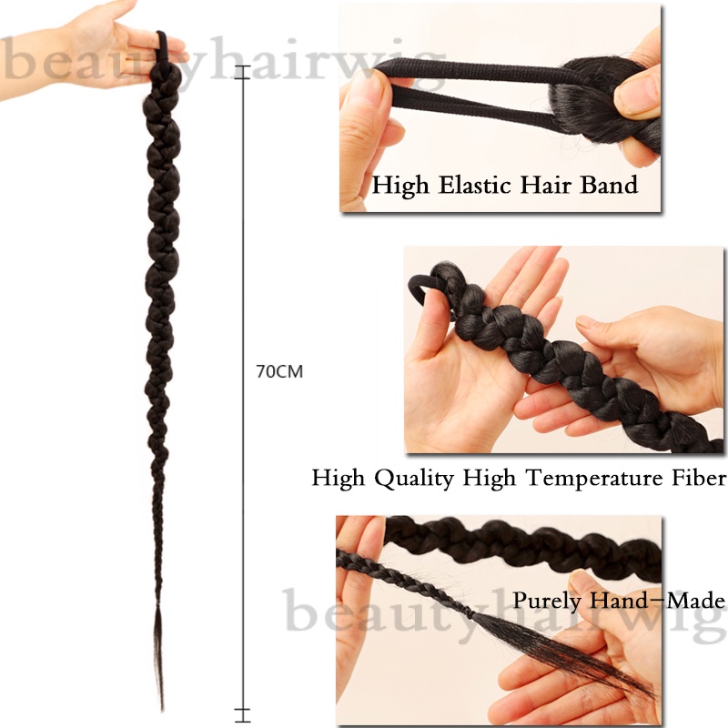 Bộ 2 Tóc Giả Thắt Bím Đuôi Ngựa Dài 70CM Màu Đen Tự Nhiên