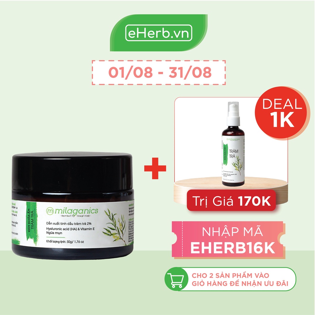 Kem Dưỡng Ẩm Cho Da Mụn Tràm Trà Tea Tree Ngăn Ngừa Mụn Viêm & Khóa Ẩm, Tránh Mất Nước MILAGANICS 50gr (Hũ)