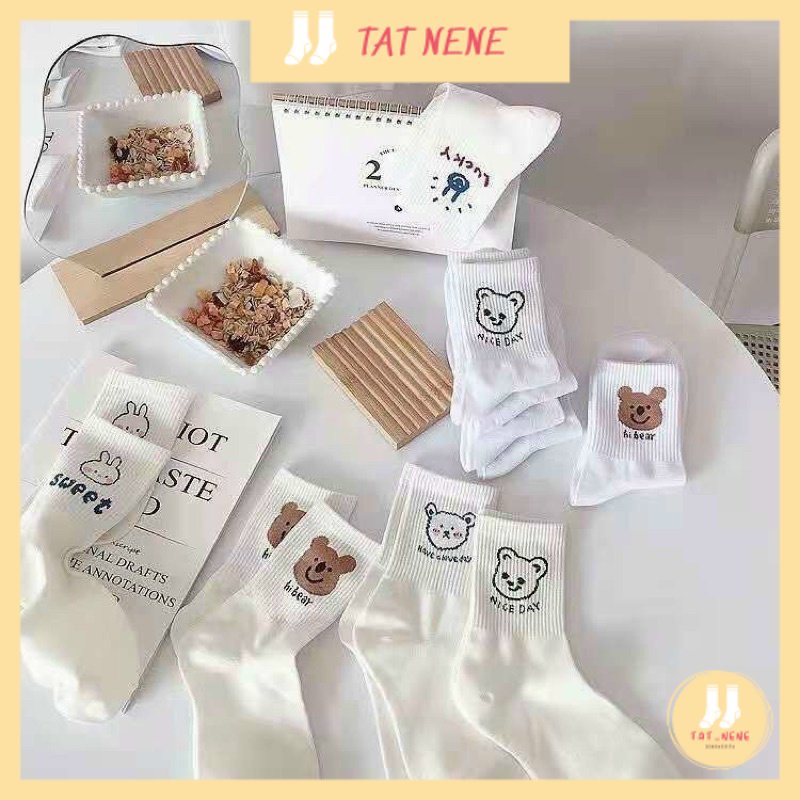 Tất cổ cao nữ nam chất vải mềm dày thoáng khỉ vớ nữ nam cổ cao in hình gấu Unisex phong cách Hàn Quốc