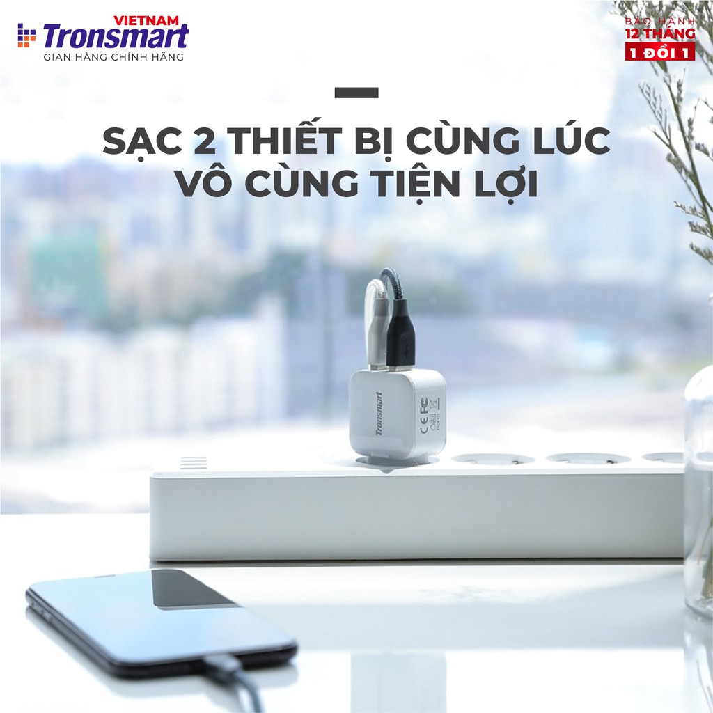 Củ sạc 2 cổng USB Tronsmart W02 công nghệ VoliQ 12W dòng 2.4A - Hàng chính hãng - Bảo hành 12 tháng 