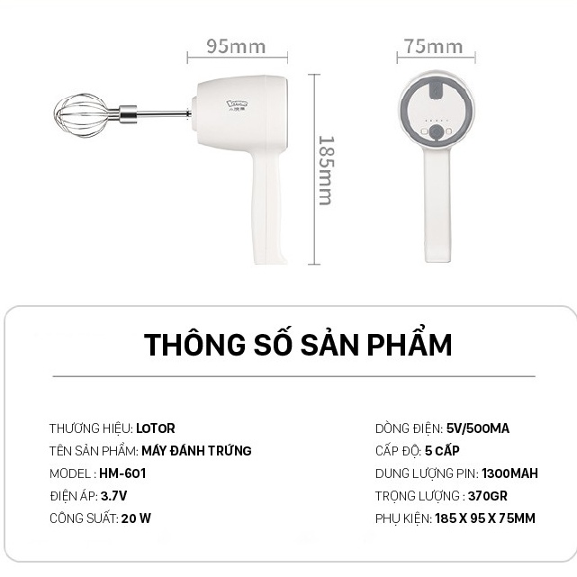 [Sẵn] Máy đánh trứng cầm tay chạy pin LOTOR HM-601 - Bảo Hành 12 Tháng [CMART GIA DỤNG TIỆN ÍCH]