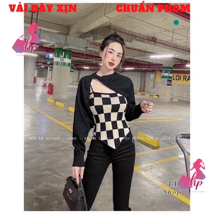 Set 2 món áo hai dây caro kèm áo khoác ngoài chất thun gân sang chảnh mẫu mới - A132