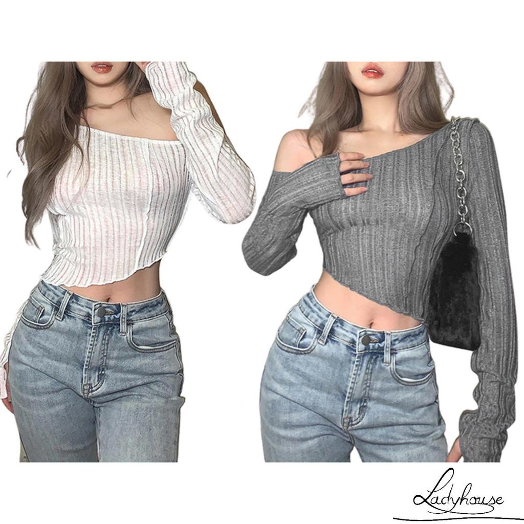 Áo Thun Tay Dài Hở Rốn Lệch Vai Màu Trơn Thời Trang Cho Nữ