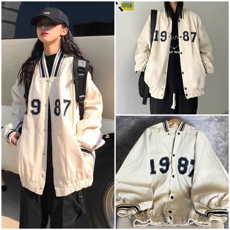 Bomber kaki 1987 bo viền màu be sữa unisex tay bồng (kèm ảnh thật) - Hàng mới về