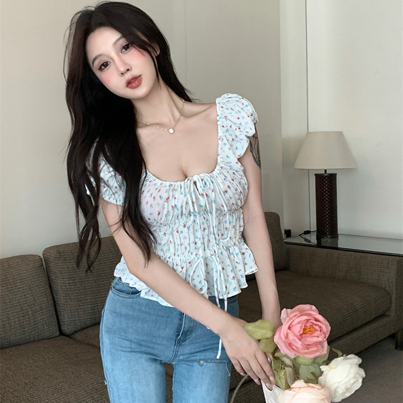 Áo Sơ Mi Tay Ngắn Cổ Vuông In Họa Tiết Hoa Thời Trang Mùa Hè Xinh Xắn Cho Nữ