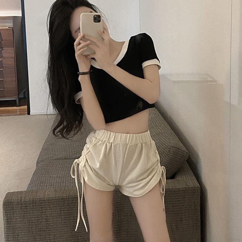 Quần Short Thể Thao Lưng Cao Co Giãn Màu Sắc Đơn Giản Phong Cách Hàn Quốc Cho Nữ