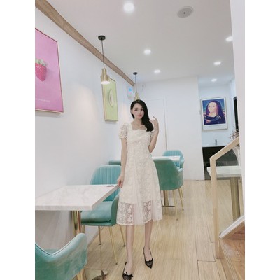 M176 - Váy công chúa Ulzzang thêu hoa cổ vuông xoắn ngực đính hạt siêu xinh